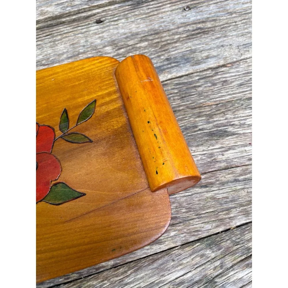 Vintage Wood Bread Serving Tray Carved Red Roses